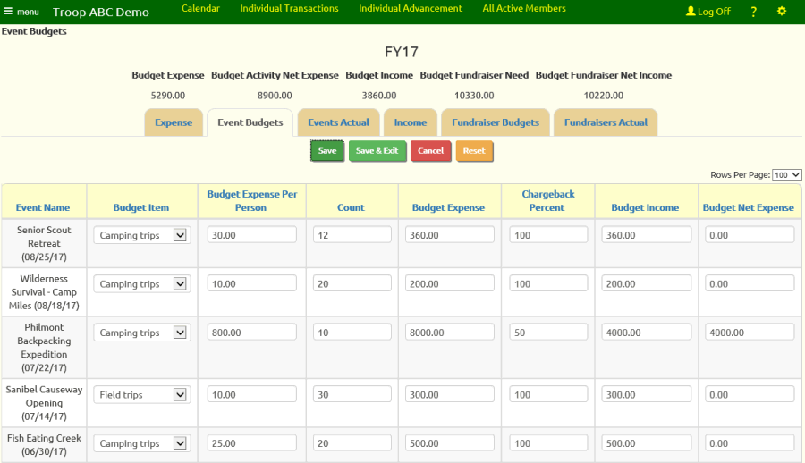 Quickly assign events to budget items