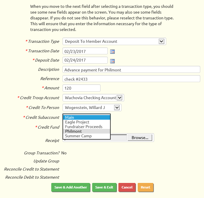 Enter transaction with subaccount