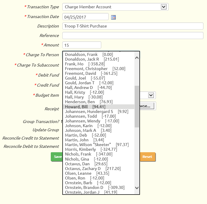 View member balances when entering individual transactions