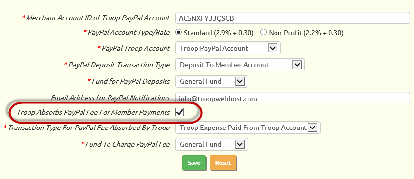 Troop can absorb PayPal fee