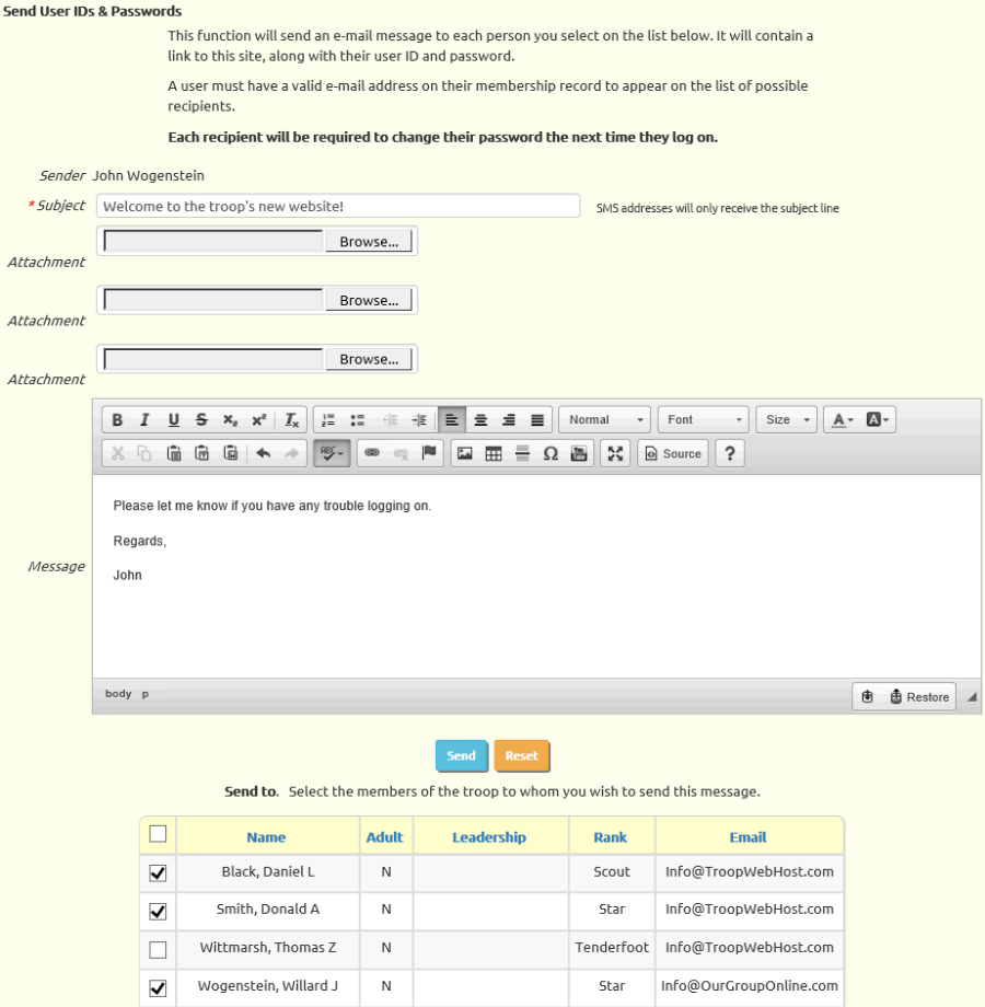 Send an e-mail to member(s) of troop with User ID and Password