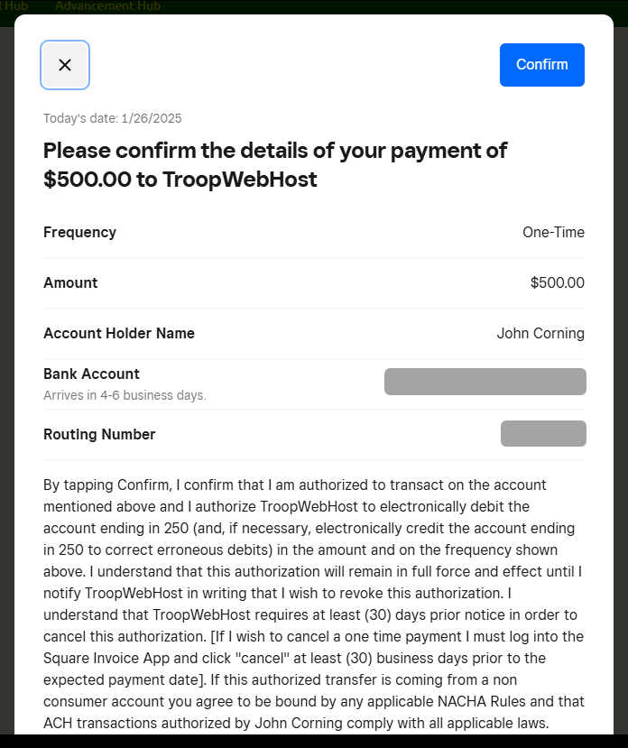 ACH Payment Confirmation